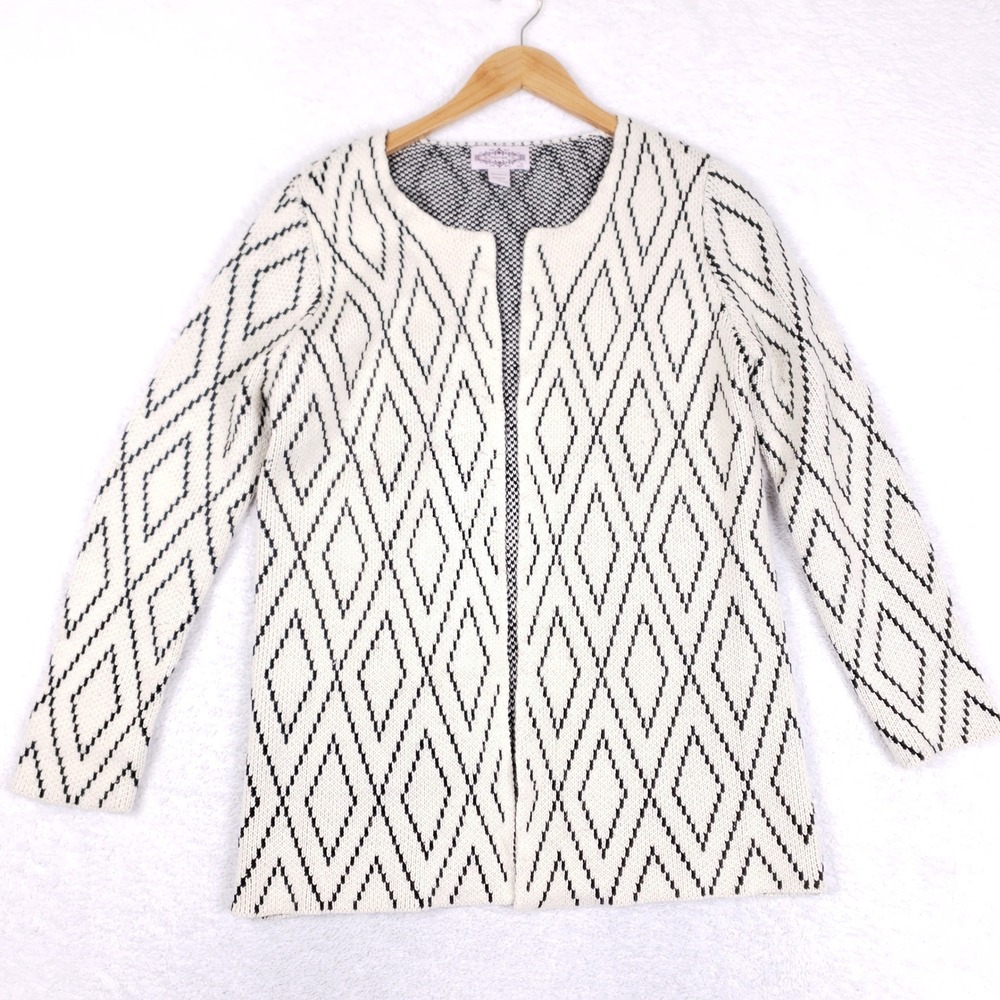 Oliver By Escio Cardigan Jacket Womens Medium Diamond Geometric Knit White Black